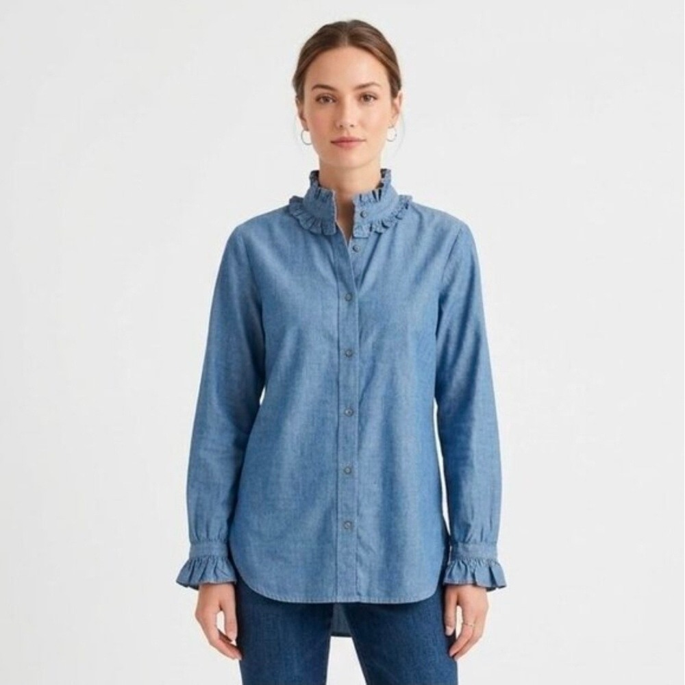 J.Crew Classic Ruffle Collar Chambray Shirt Indigo Blue Cotton Top 2 Preppy
